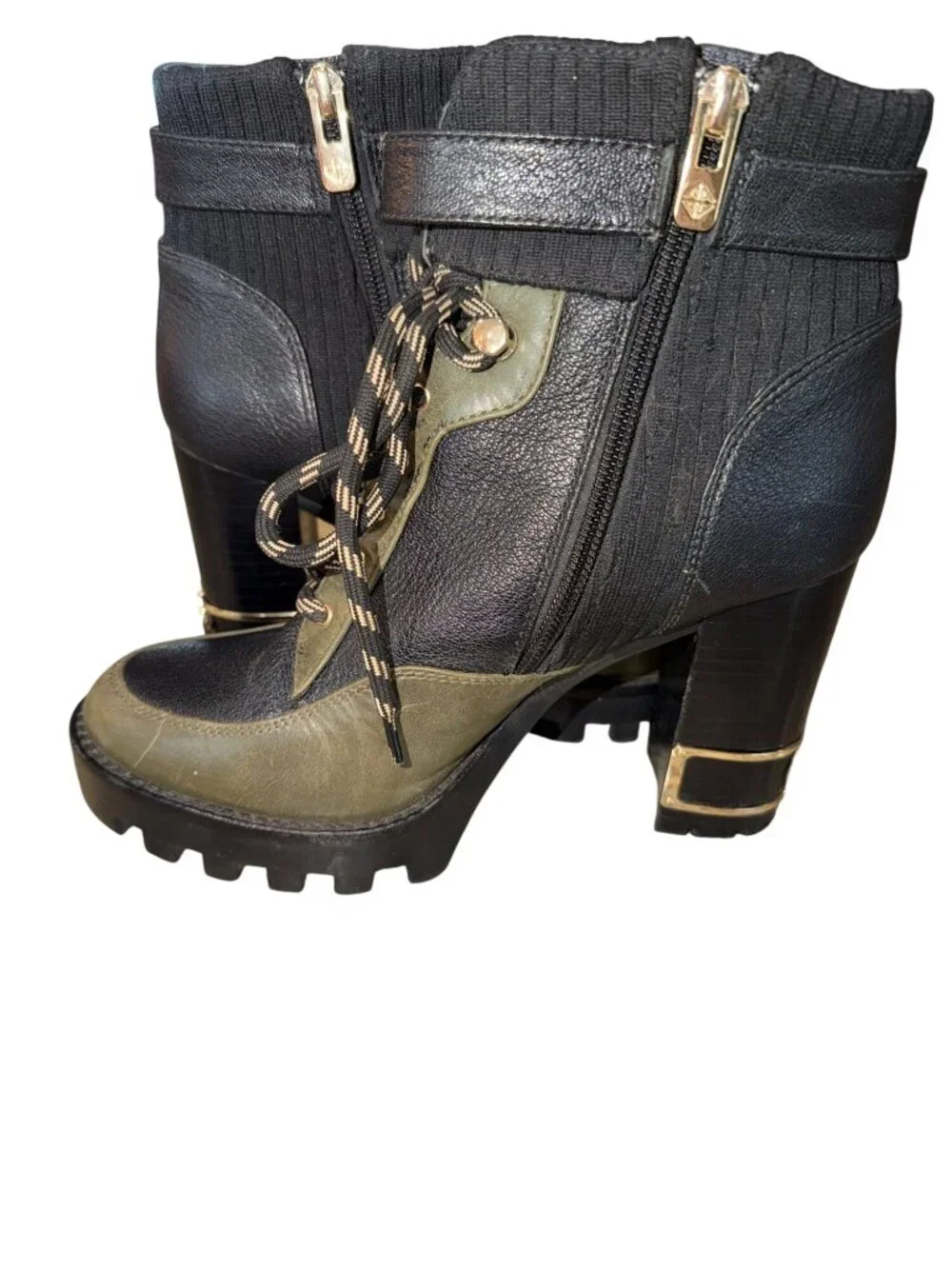 Antonio Melani Lug Sole Leather Lace-Up Ankle Boots Black/Green Womens 8 Modern